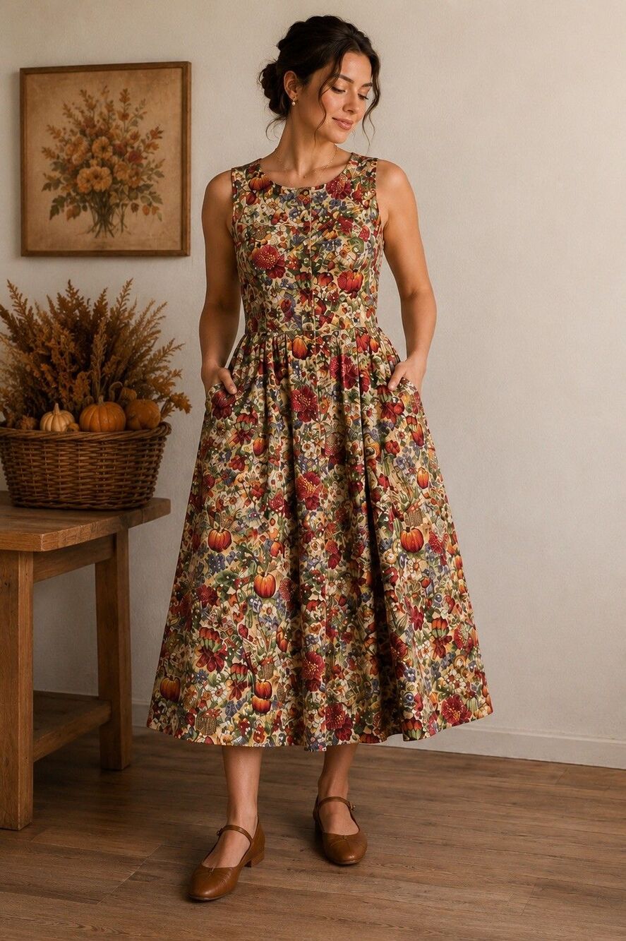 Vintage Autumn Pumpkin Floral Midi Dress Sleeveless Pockets Fall Cottagecore